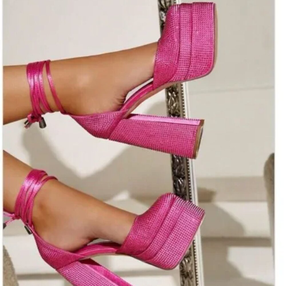 CUCCOO Baddie Barbie Pink Rhinestone Double Platform Ankle Tie Block Heel